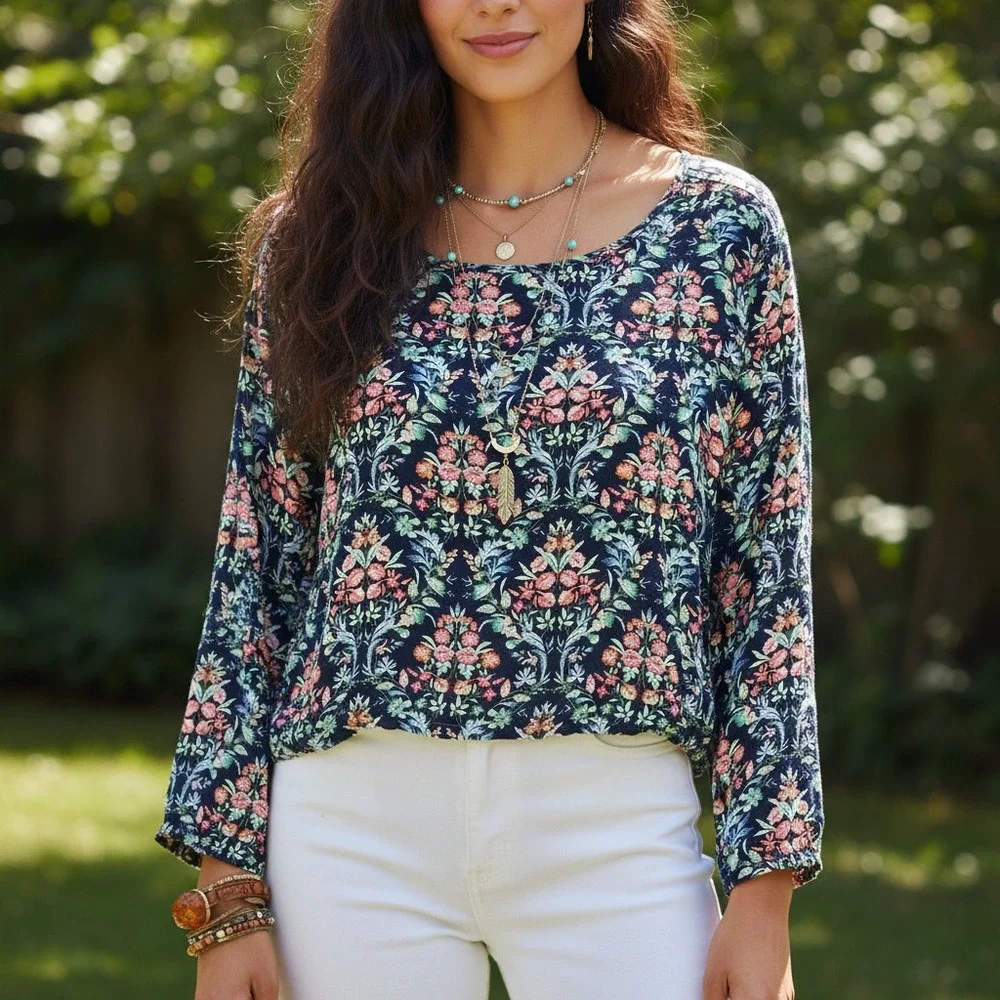 NEW Loft L Navy Blue Floral V Back Puff Sleeve Top Cottage Boho Bloom Romantic